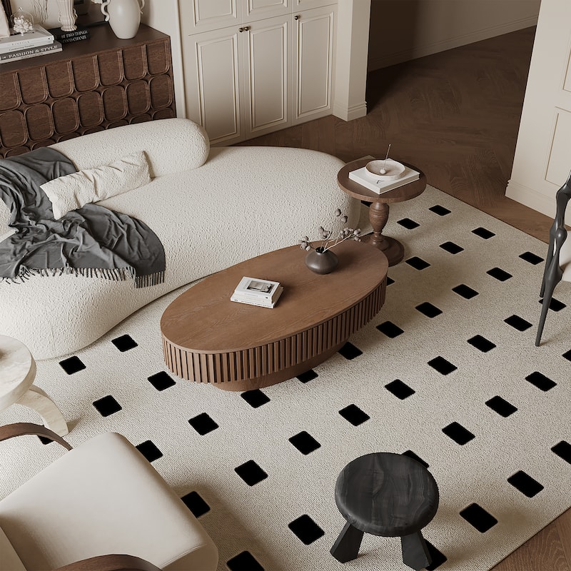Modern Solid Wood Veneered Round/Oval Coffee Tea Table with Storage - Walnut-Oval