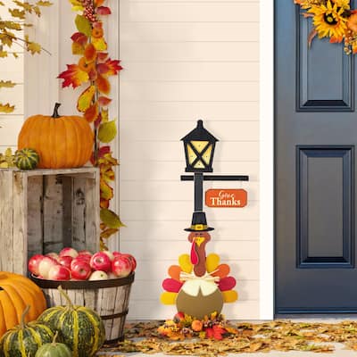 Glitzhome 36"H Thanksgiving Lighted Wooden Turkey Lamp Post Porch Decor(KD)