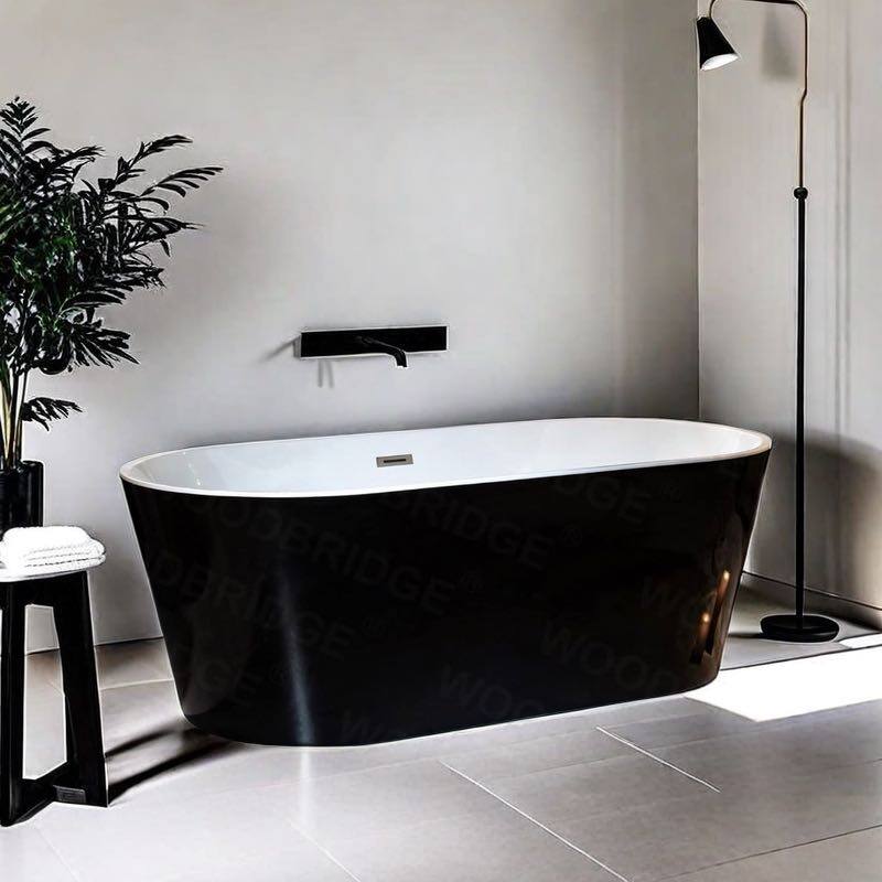 Stufurhome 67 In. Freestanding Acrylic FlatBottom Design Bathtub with Brushed Nickel Overflow and Drain Included in Black - Black - 67*31.5*23.27 inchs