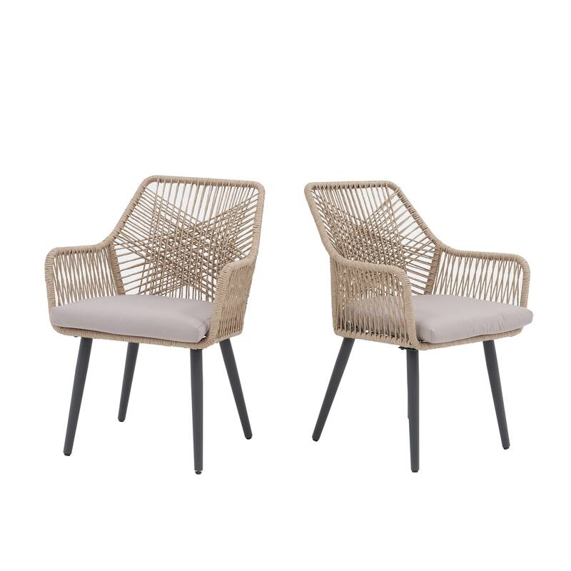 Outdoor Patio Woven Rope Dining Chairs With Armrest and Seat Cushions