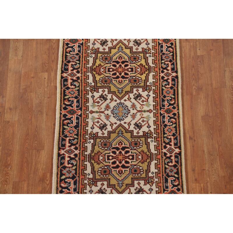 Heriz Serapi Indian Runner Ivory Rug Wool Hand-knotted - 2'7" x 10'1"