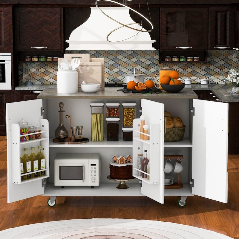 51 in. W Kitchen Island Retro Drop-Leaf Desktop on 4 Wheels with Internal Storage Rack and Towel Rack