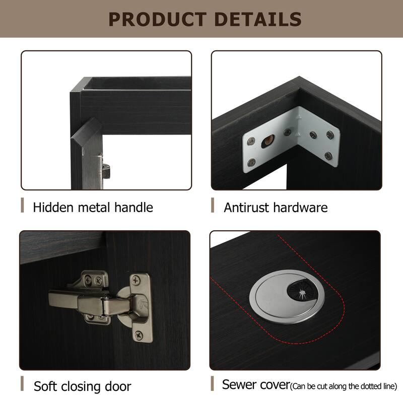 23" Bathroom Vanity with Round Ceramic Sink, Soft-Close Hinges, and Spacious Storage - Black Chestnut Finish