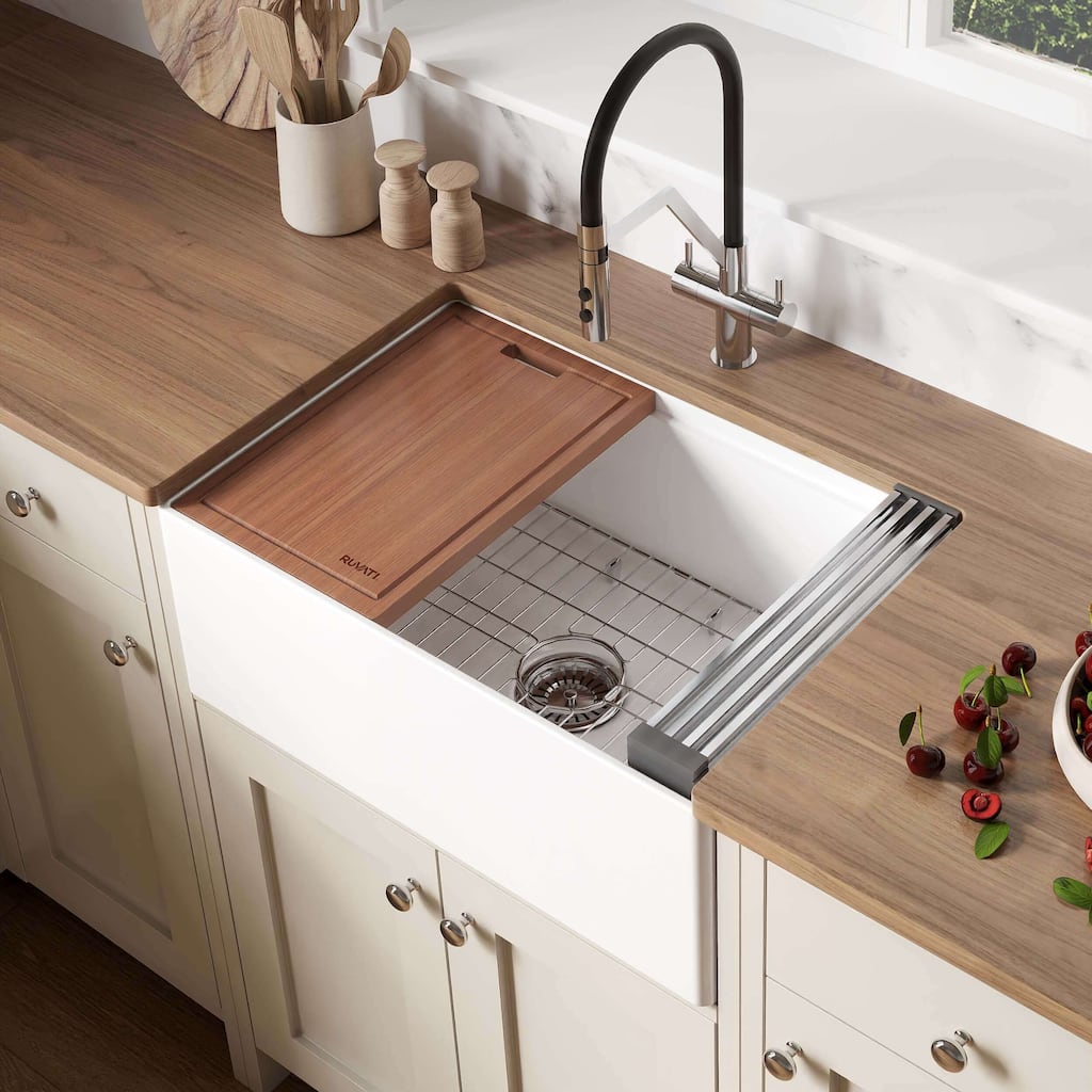Ruvati 27 inch Fireclay Workstation White Farmhouse Kitchen Sink Apron Front Single Bowl - RVL2781WH - 27 x 18