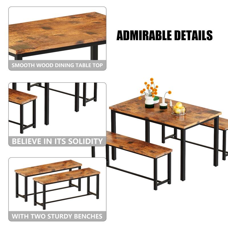Dining Table Set with Two Benches, Kitchen Table Set for 4 Persons