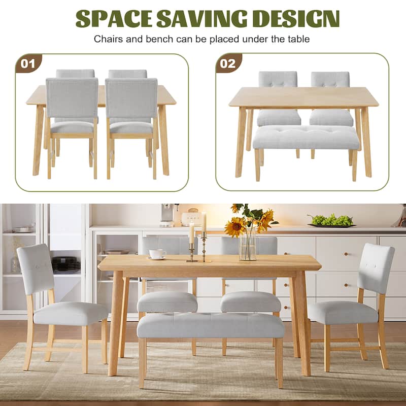 6 Piece Wood Dining Table Set with 4 Upholstered Chairs and Bench