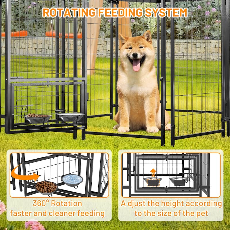 GDFStudio - Large Outdoor Heavy Duty Metal Dog Kennel with Roof, UV-Resistant Waterproof Cover, Double Lock & Rotating Feeder