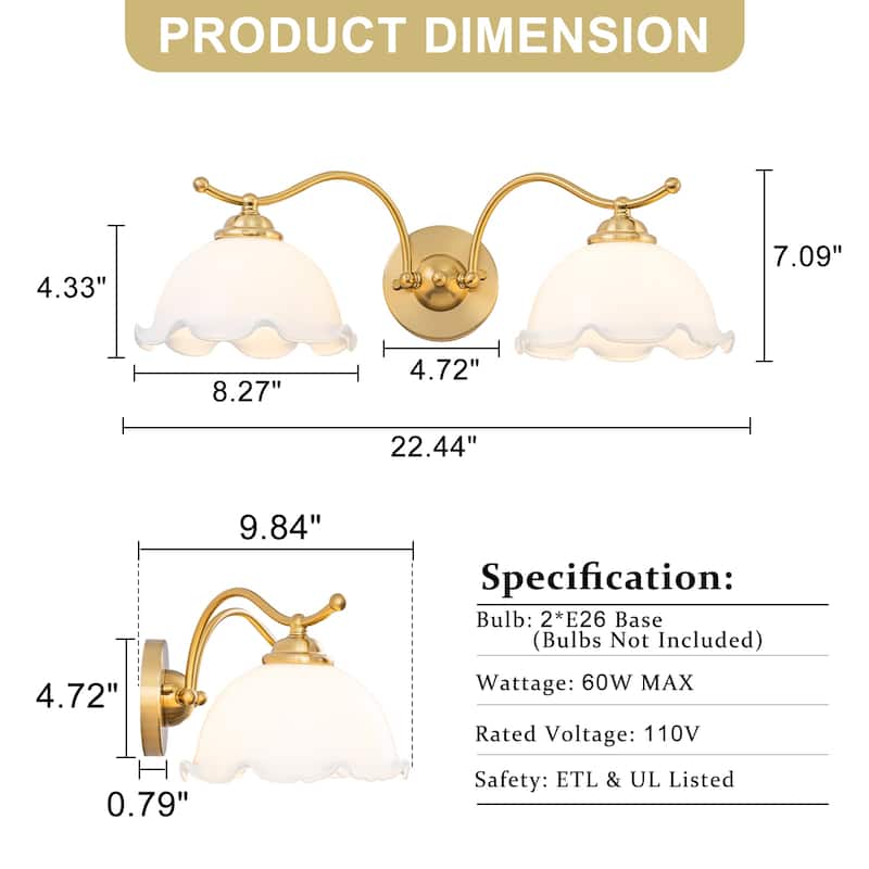 2-Light Gold Metal Wall Sconce with Flower Milky White Glass Shades