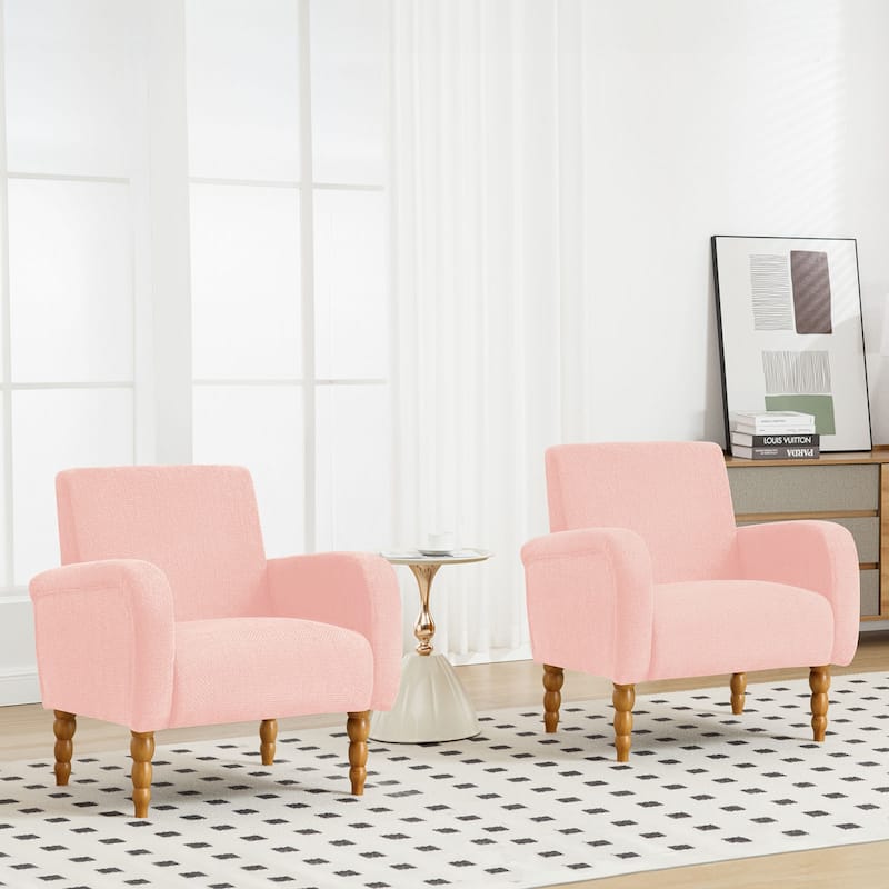 Fabric Armchair Accent Chair with Arms & Wood Legs - Set of 2 - Pink