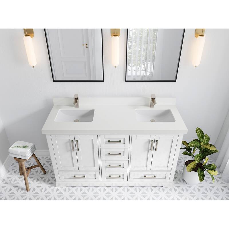 Willow Collection 60 in W x 22 in D x 36 in H Boston Double Bowl Sink Bathroom Vanity with Countertop - 2"White Quartz - White