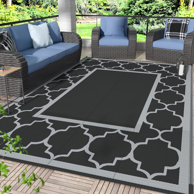 Reversible Dark Tone Geometric Flat-Weave Recyclable Outdoor Rug - 8'X10' - Black - Rectangle