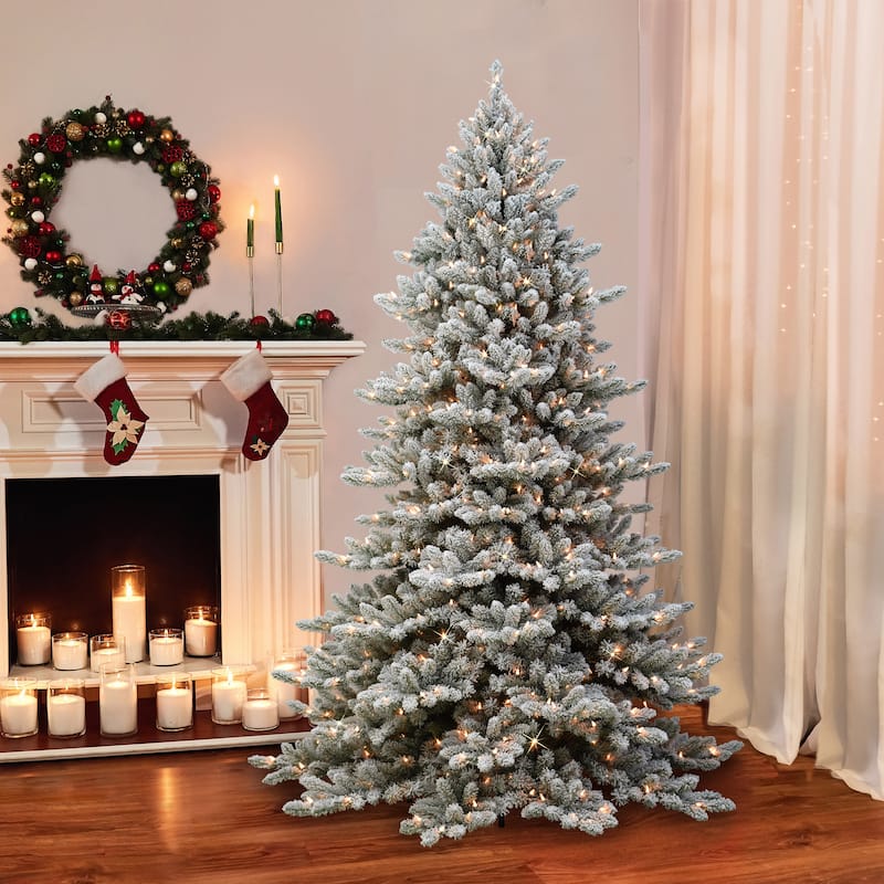 Puleo International 7.5 ft. Pre-lit Flocked Royal Majestic Fraser Fir Artificial Christmas Tree - Green
