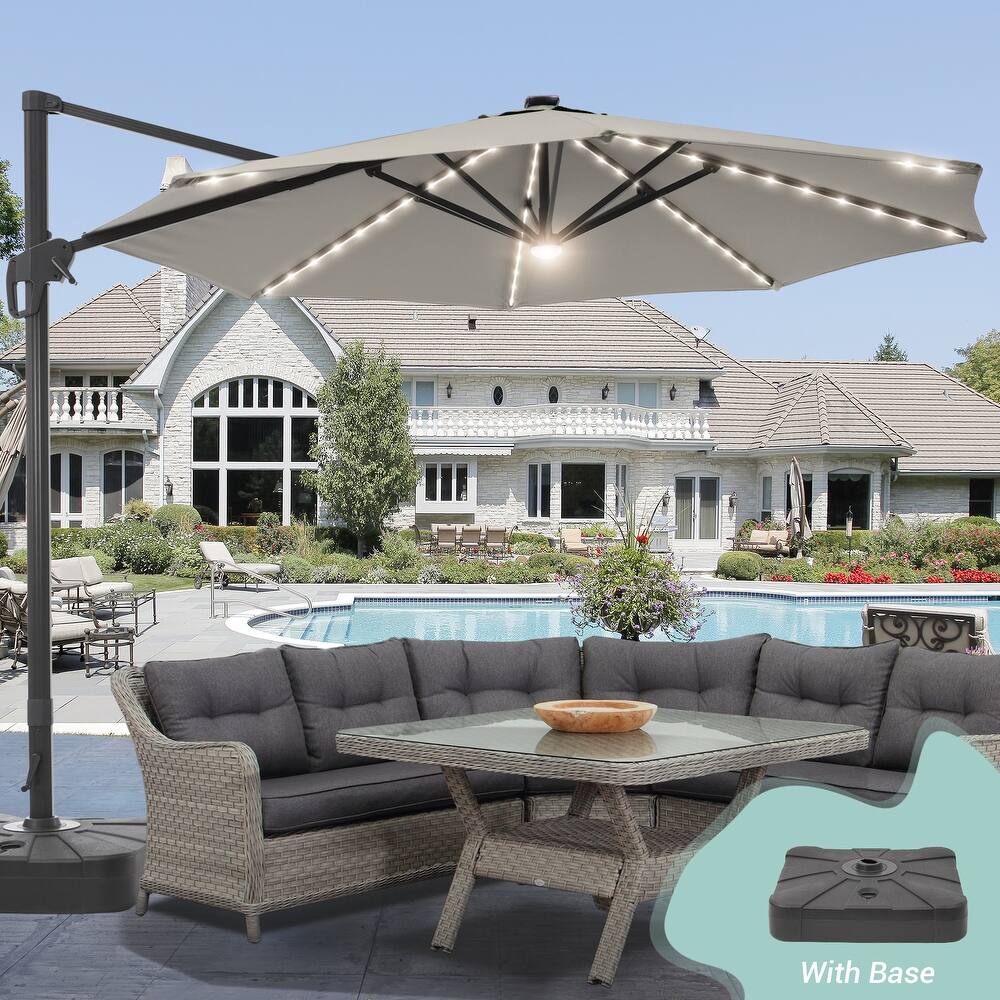 LIVOOSUN 11Ft Aluminum LED Patio Cantilever Offset Umbrella With Base