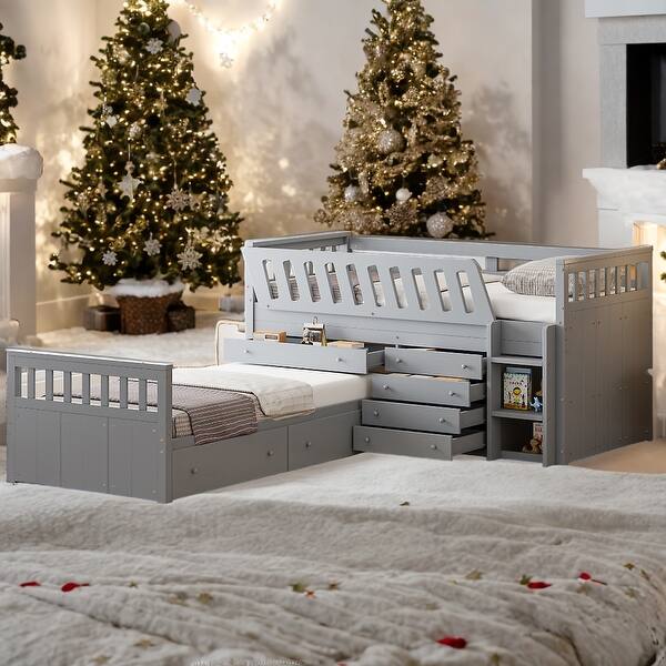 slide 2 of 10, Twin Loft and Twin Platform Bed with 7 Drawers and Guardrails, Grey Grey