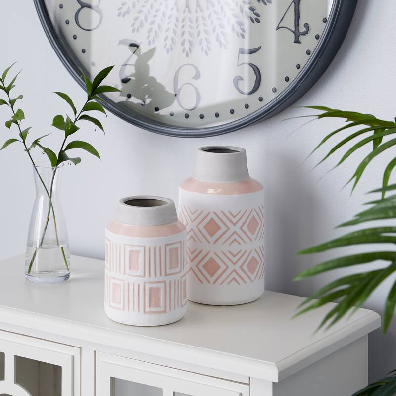 Ceramic Vase with Diamond Patterns - Set of 2 White - Roche River Decor - 6"W x 6"L x 10"H