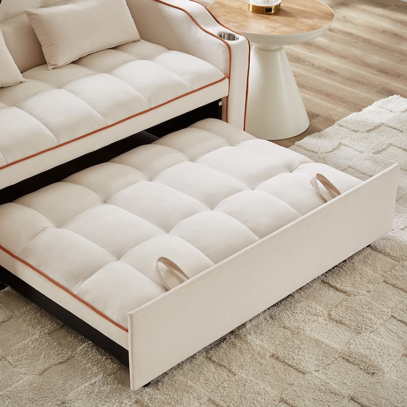 Versatile Foldable Sofa Bed in Beige, Solid Wood+MDF+Resin, Adjustable Back, USB Port & Phone Stand