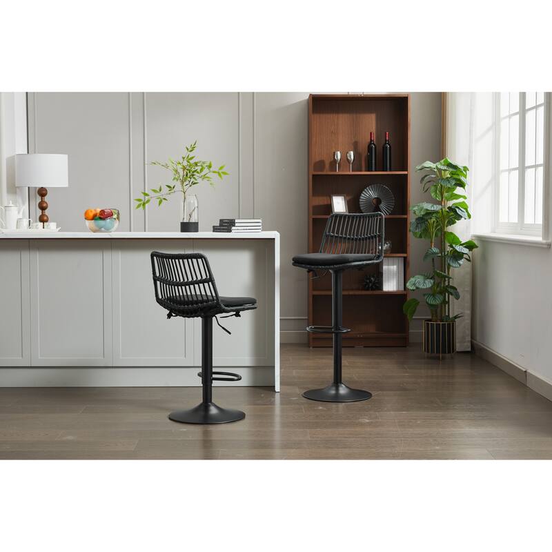 Set of 2 Counter Height Bar Stools, Adjustable Height Rattan Swivel Bar Stools, Dining Bar Stool with Footrest and Backrest