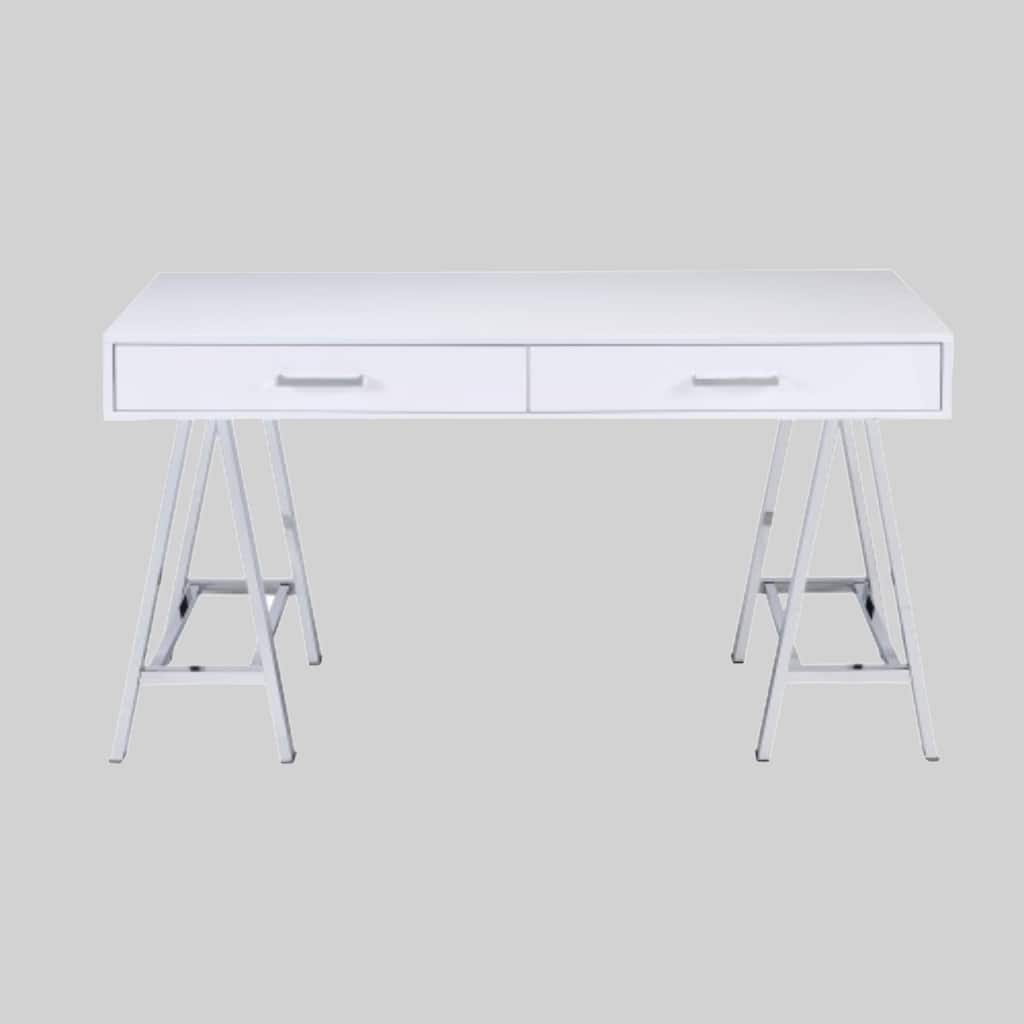 54" High Gloss Writing Desk with Built-in USB Port & Storage Drawers, Chrome Accents