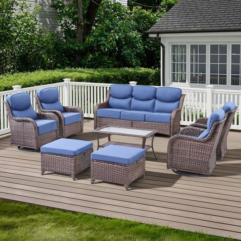 Arcadia 8-Piece Wicker Patio Conversation Set with Swivel Gliders and 6-Inch Thick Olefin Cushions