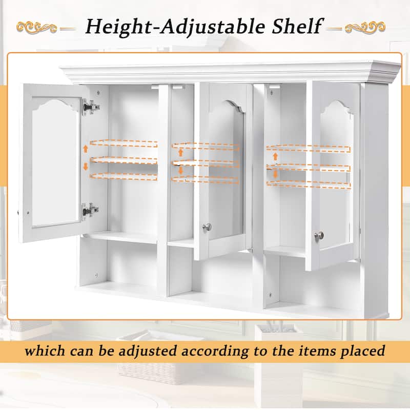 Bathroom Wall Cabinet with Mirror, Wall Mounted Bathroom Cabinet with Glass Doors, 3 Adjustable Shelves & 3 Open Compartments