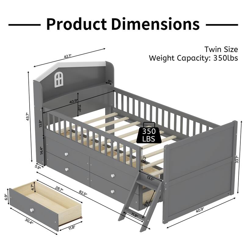 Twin Size Platform Bed Frame with 4 Storage Drawers & Guardrail Headboard for Bedroom, Wooden Kids Storage Bed with Ladder