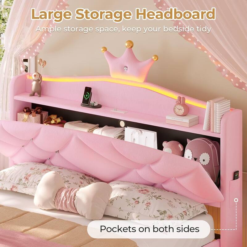 Princess Upholstered Bed with Headboard Charging Station Crystal Button Crown
