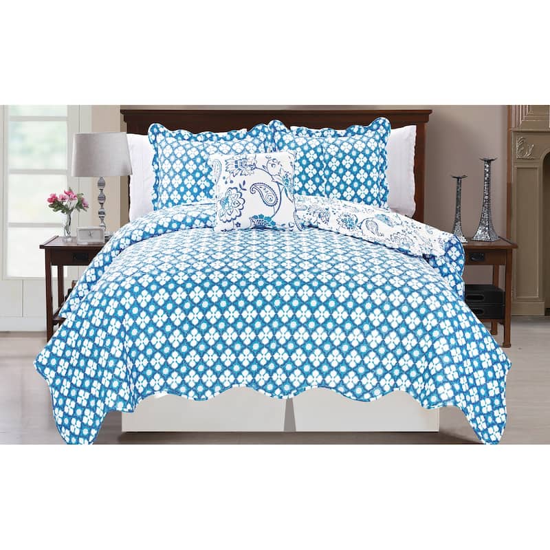 Printed Paisley Flower 4-piece Reversible Quilted Coverlet Set