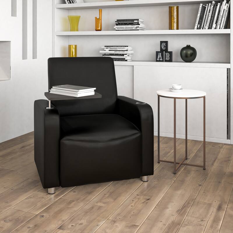 LeatherSoft Guest Chair with Tablet Arm, Front Wheel Casters and Cup Holder - Ash Black