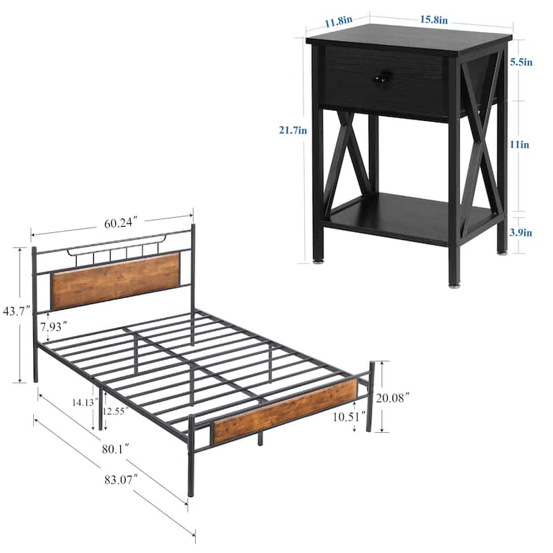 Taomika Mid Century 3-Pieces Bed and Nightstands Sets