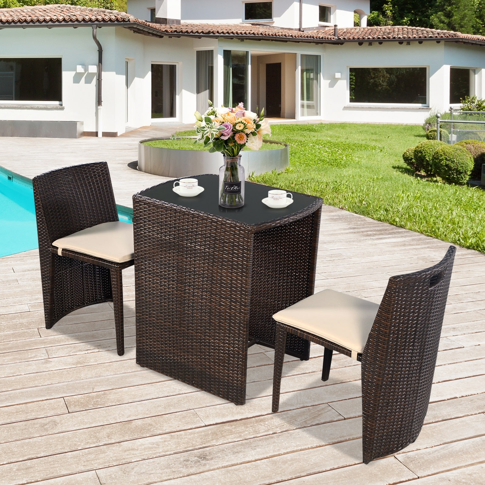 Costway 3 pcs wicker patio outlet cushioned outdoor chair and table set