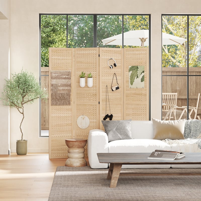 Natural Paulownia Wood Room Divider 4-Panel Rustic Folding Screen - 63" W x 0.75" D x 66.9" H