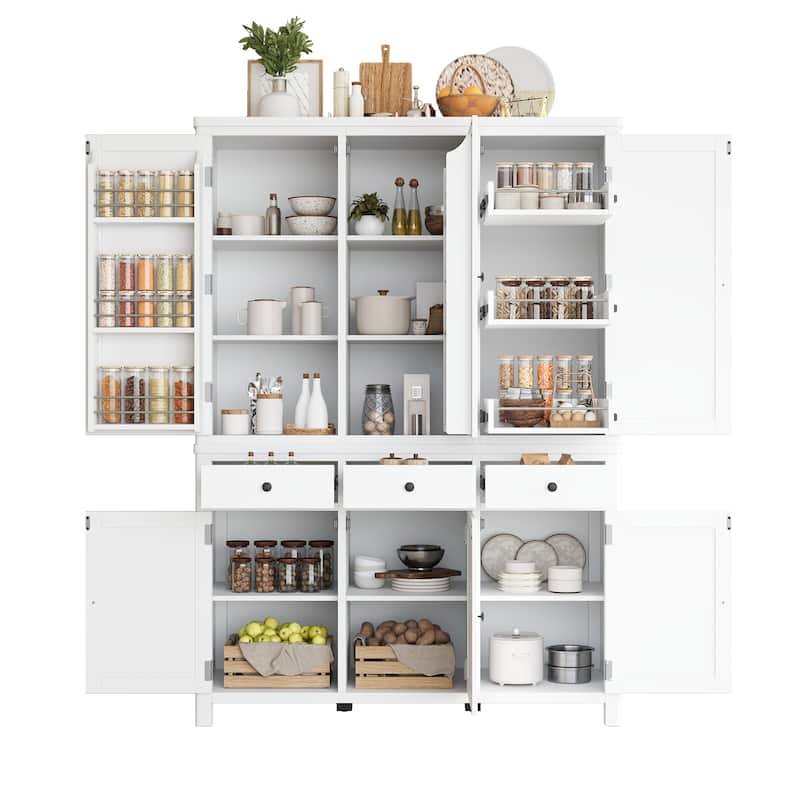 75" Farmhouse Kitchen Pantry Cabinet with Door Shelves, Large Freestanding Cupboard with Pull-Out Trays