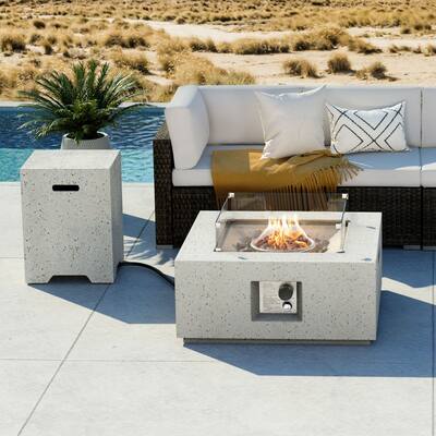 COSIEST 28" Outdoor Terrazzo Square Propane Fire Pit Table with Wind Guard, Tank Table