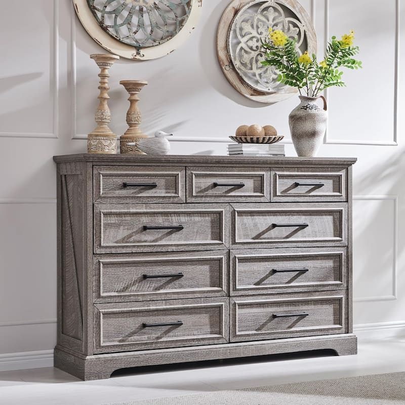 Farmhouse 9 Drawers Dresser Chests for Bedroom, Wood Chest of Drawers - Grey