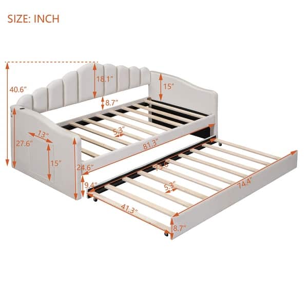 Twin size Velvet Daybed w/ Trundle Upholstered Bed Frame & USB Charging Ports Platform Bed, No Box-spring Needed, Easy Assembly