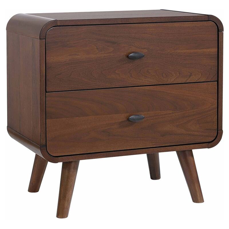 Mid-Century Modern 2-Drawer Nightstand with USB Ports and Walnut Veneer Finish