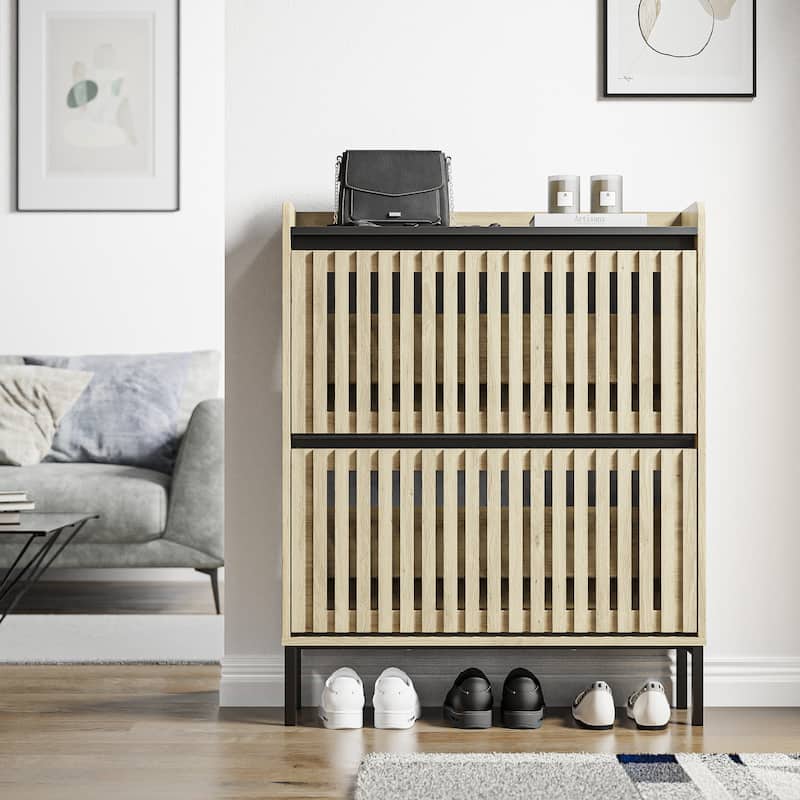 Space-Efficient Shoe Rack Storage Organizer Cabinet with 2 Flip Doors and Stylish Design for Entryway, Hallway and Mudroom