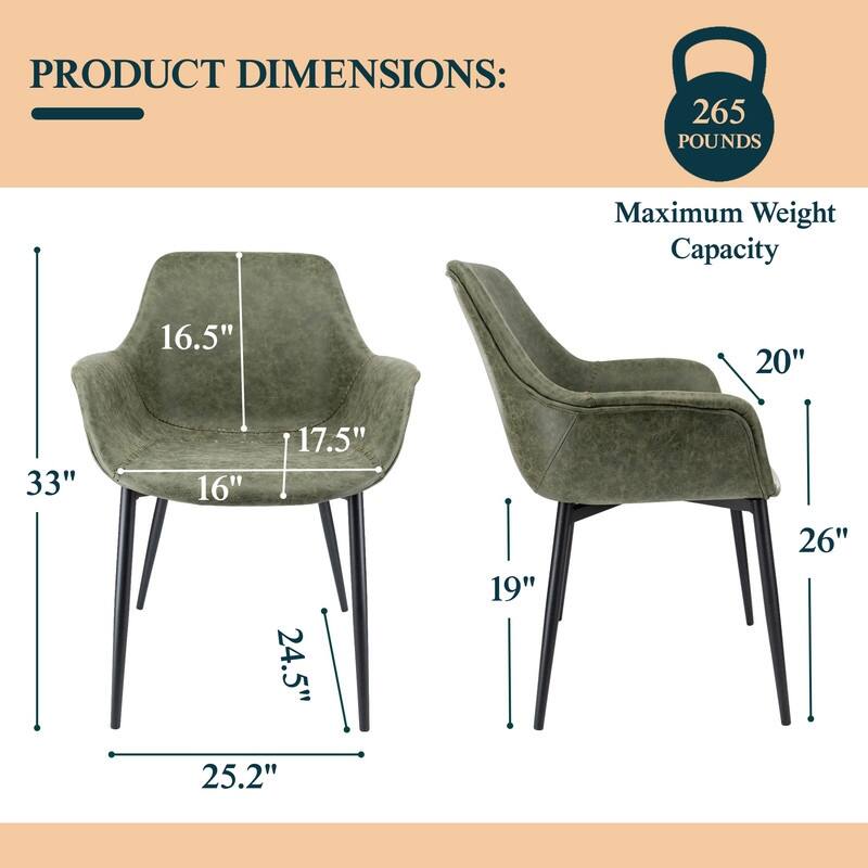 Markley Mid-Century Modern Upholstered Distressed Leather Dining Chair with Comfy Curved Seat & Strong Powder-Coated Metal Legs