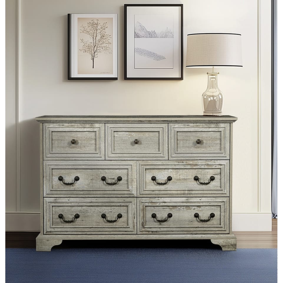 Farmhouse Modern 7-Drawer Horizontal Dresser, Vintage Design, Storage Dressers Organizer for Bedroom, Living Room