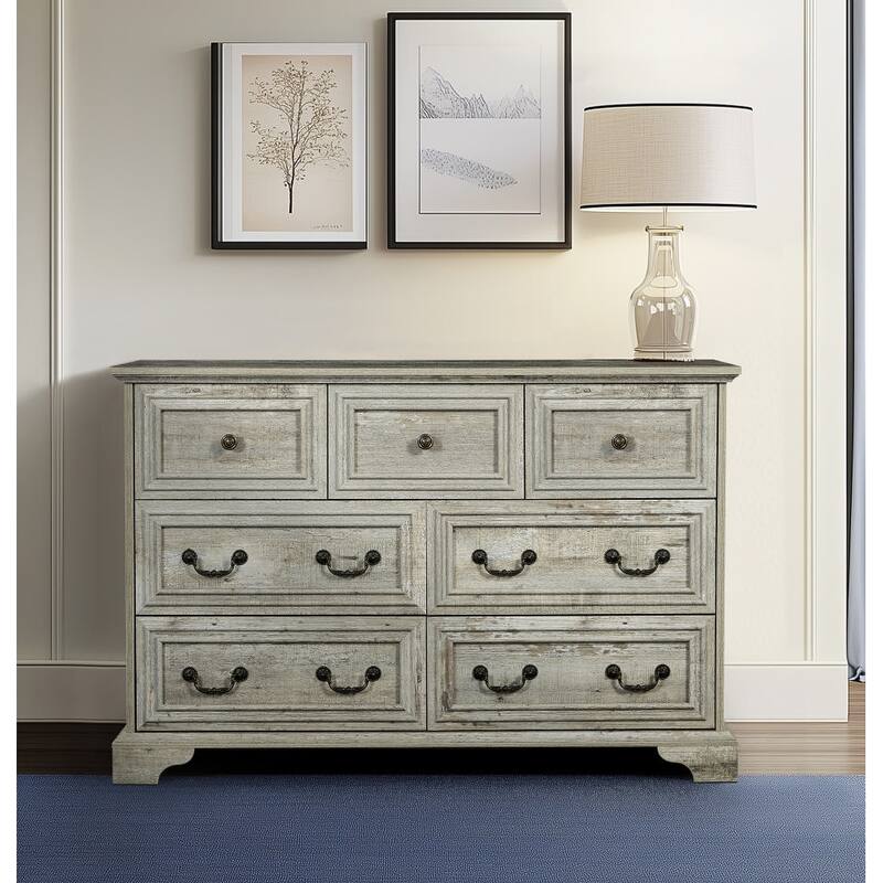 Farmhouse Style Dresser Rustic Storage Cabinet with 7 Drawers Embossed Pattern Vintage Handles, for Bedroom - Pink