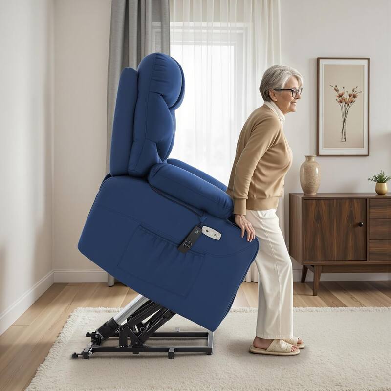 MCombo Wide Power Lift Recliner Chair with Extended Footrest for Big Elderly People, Faux Leather R7289 - Navy Blue