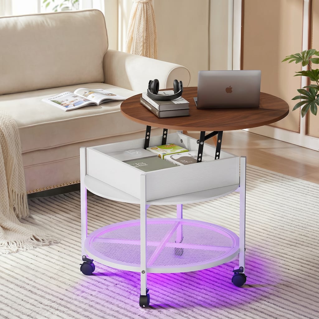 Lift Top Round Coffee Table with RGB LED Lights, Rolling Storage Table with Lockable Casters for Living Room