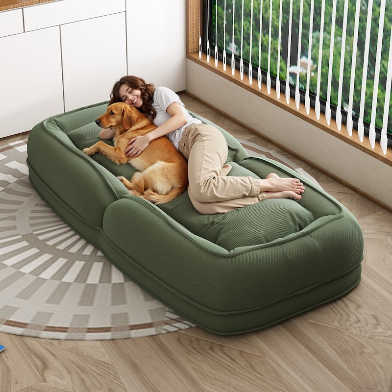 Upholstered Human & Dog Shared Sofa Bed, 5-Position Adjustable Foldable Lounger with Pillows