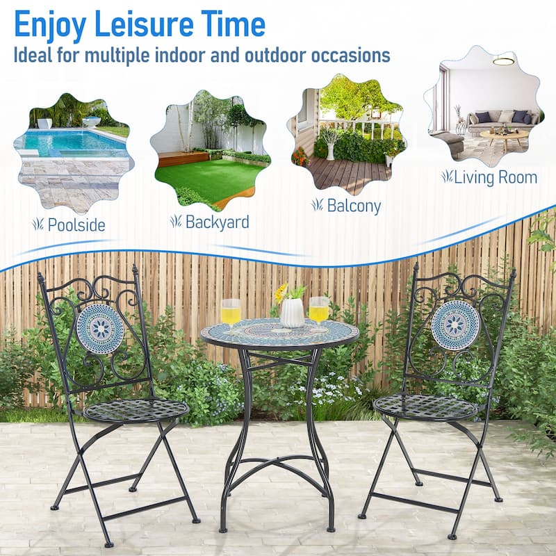 24" Mosaic Pattern Round Patio Bistro Table with Metal Frame and Concrete Top for Balcony or Yard