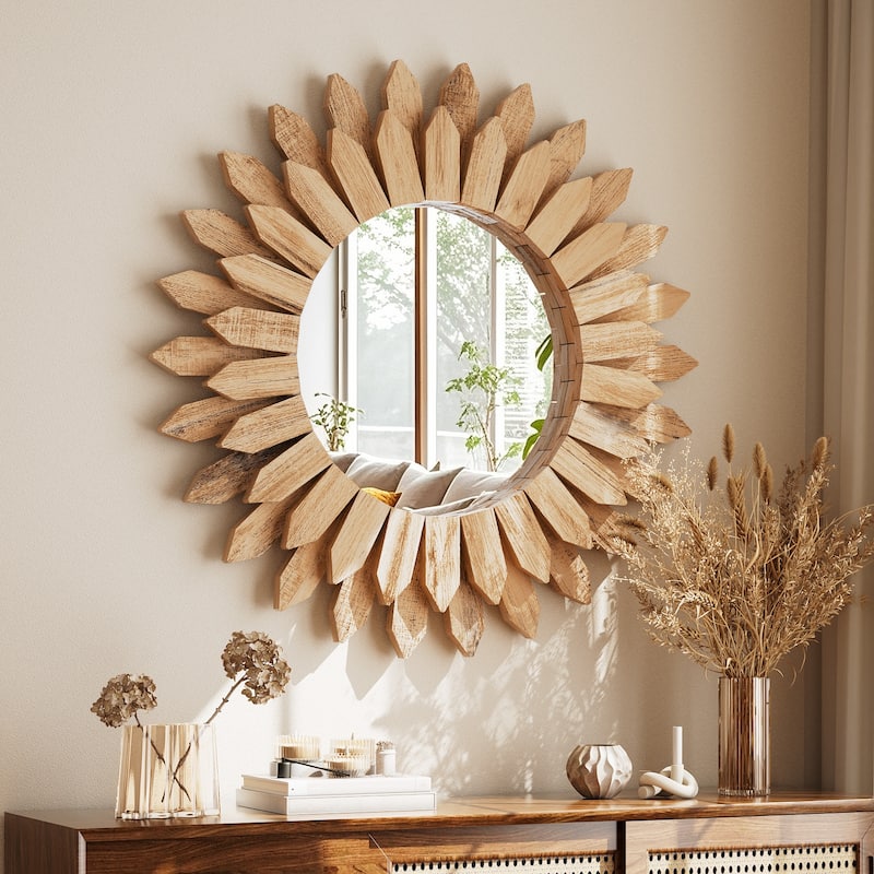 Sunflower Bathroom Mirror Round Wooden Wall Mirror - 20"x20" - Light Brown