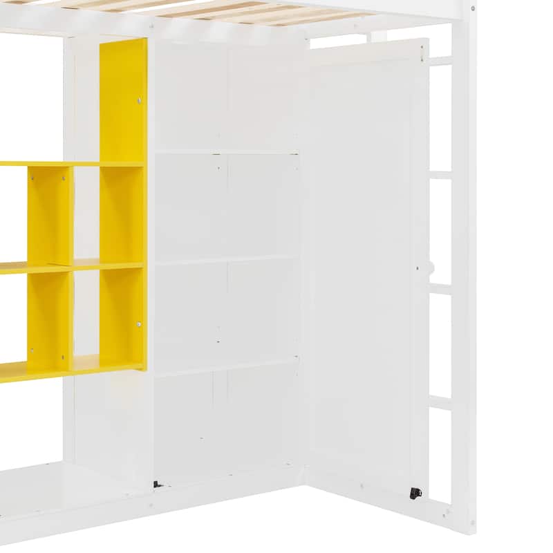 Roomfitters Twin Size Wood Loft Bed with Wardrobe, Shelves and Cabinet