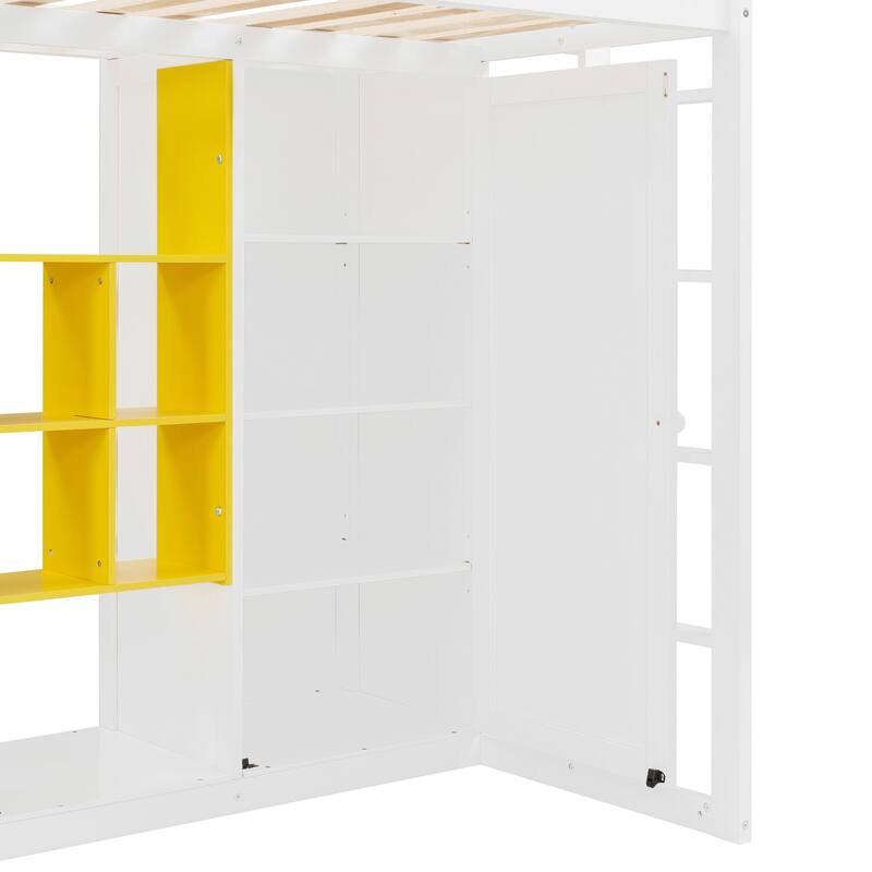 Twin/Full Size Versatile Loft Bed with Wardrobe, Storage Bed Frame with Multi-Shelves and Clothes Hanging Rod