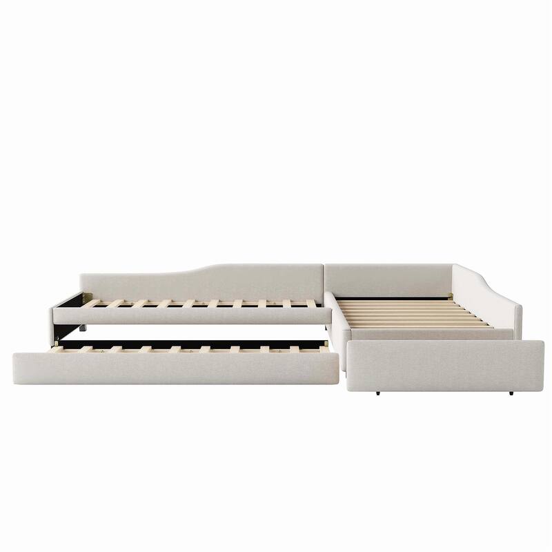 Roomfitters Upholstered Double Twin Daybed with Trundle and Side Compartment Storage