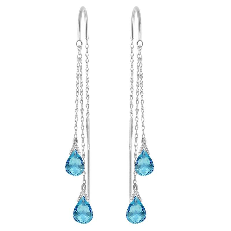 14K Solid Gold Threaded Dangles Gemstone Earrings Blue Topaz Jewelry