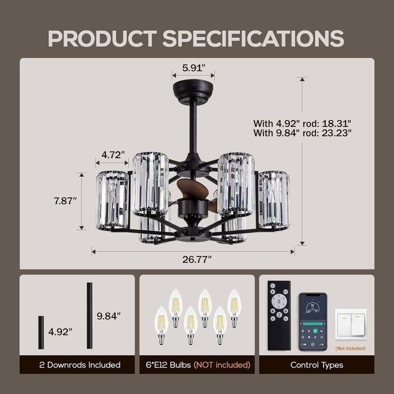 27" Crystal Ceiling Fan with Light and Remote Control 6-Light Black Caged Fandelier Luxury Ceiling Fan for Living Room Kitchen